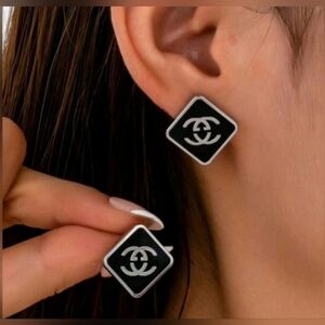CHANEL Style Iconic Black and Silver  Square Earrings